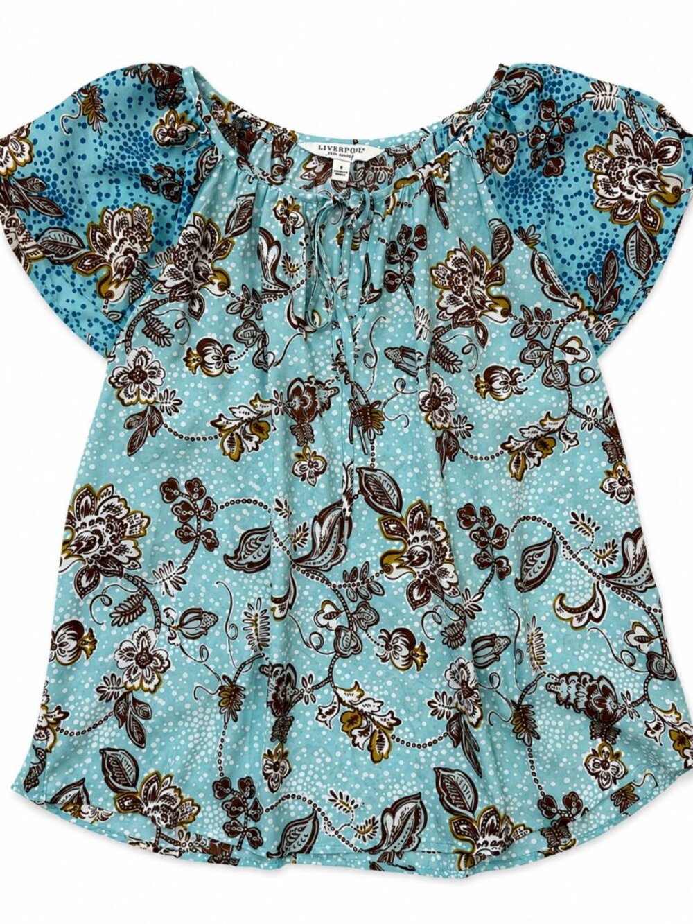 Liverpool Los Angeles Floral Tie Neck Blouse Size Small Aqua Brown Lightweight T